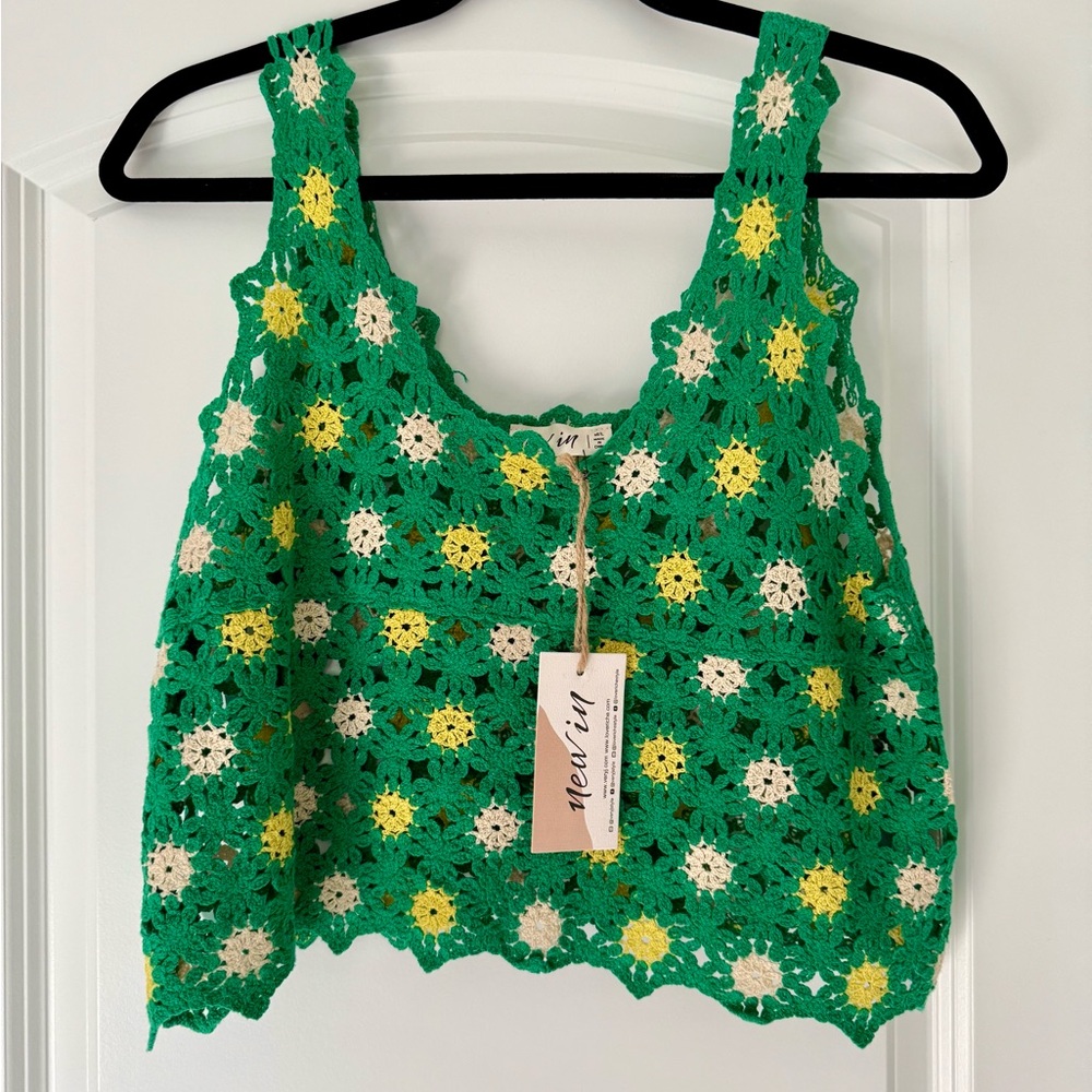 Vibrant Green Floral Crochet Tank Top